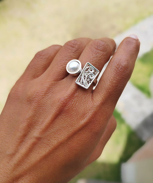 Anillo filigrana Perla y rectángulo