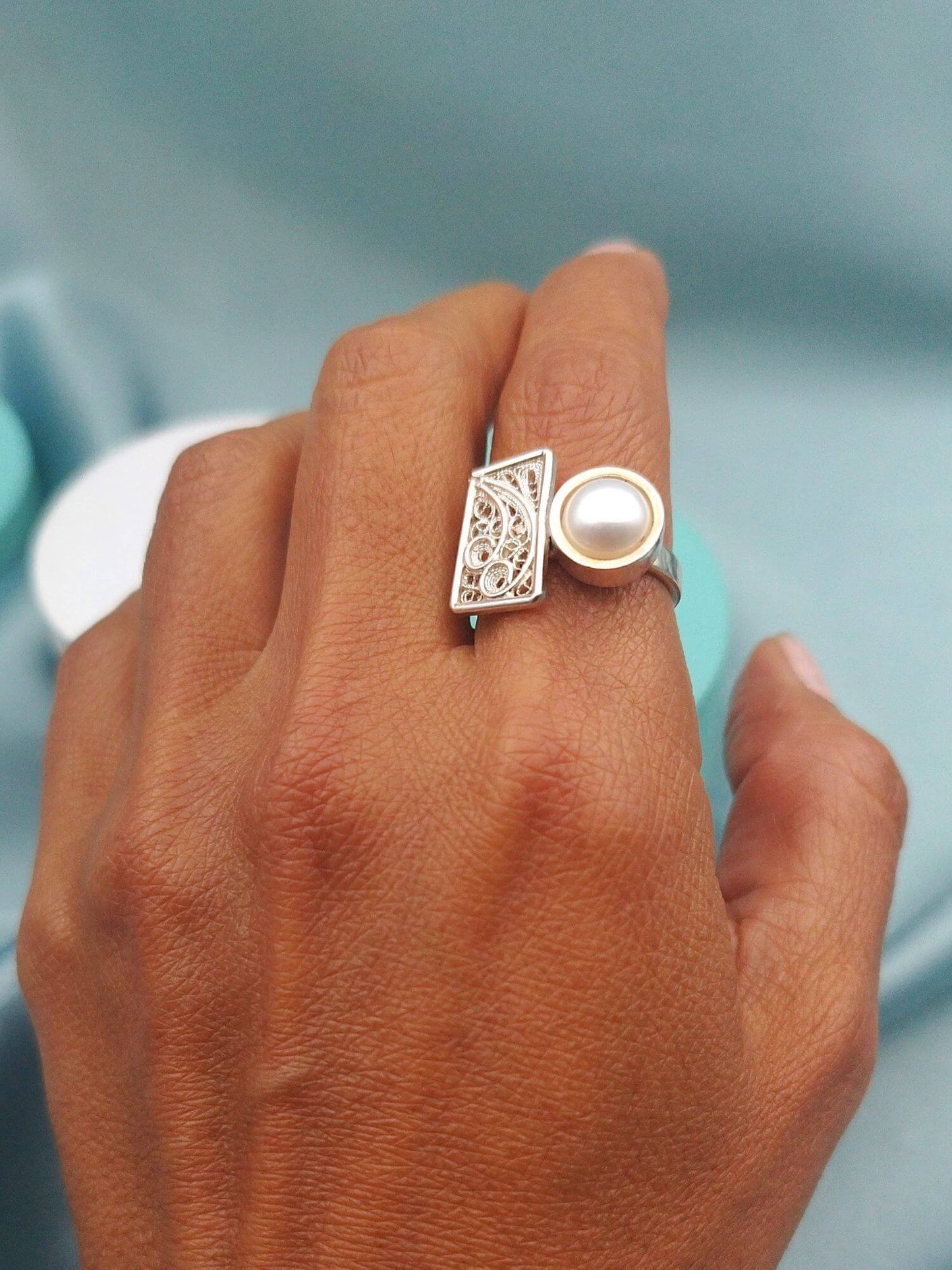 Anillo filigrana Perla y rectángulo