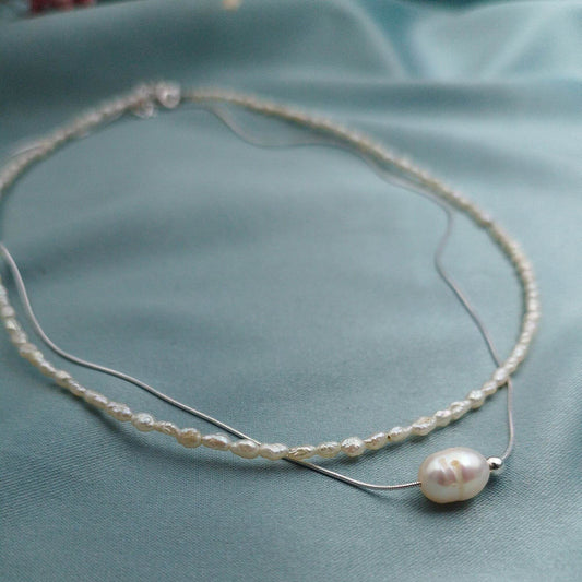 Collar doble perlas arroz y cola ratón