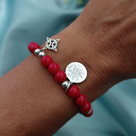 Pulsera Jade rojo Protección Tetragramatón y Nudo de bruja