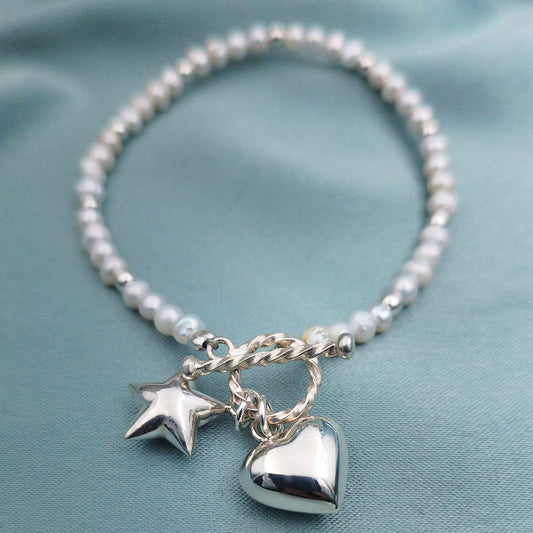Pulsera perlas con corazón y estrella inflados