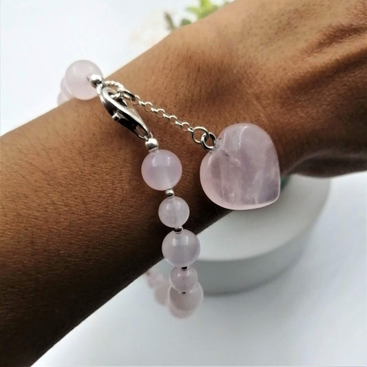 Pulsera bolas y corazón cuarzo rosa