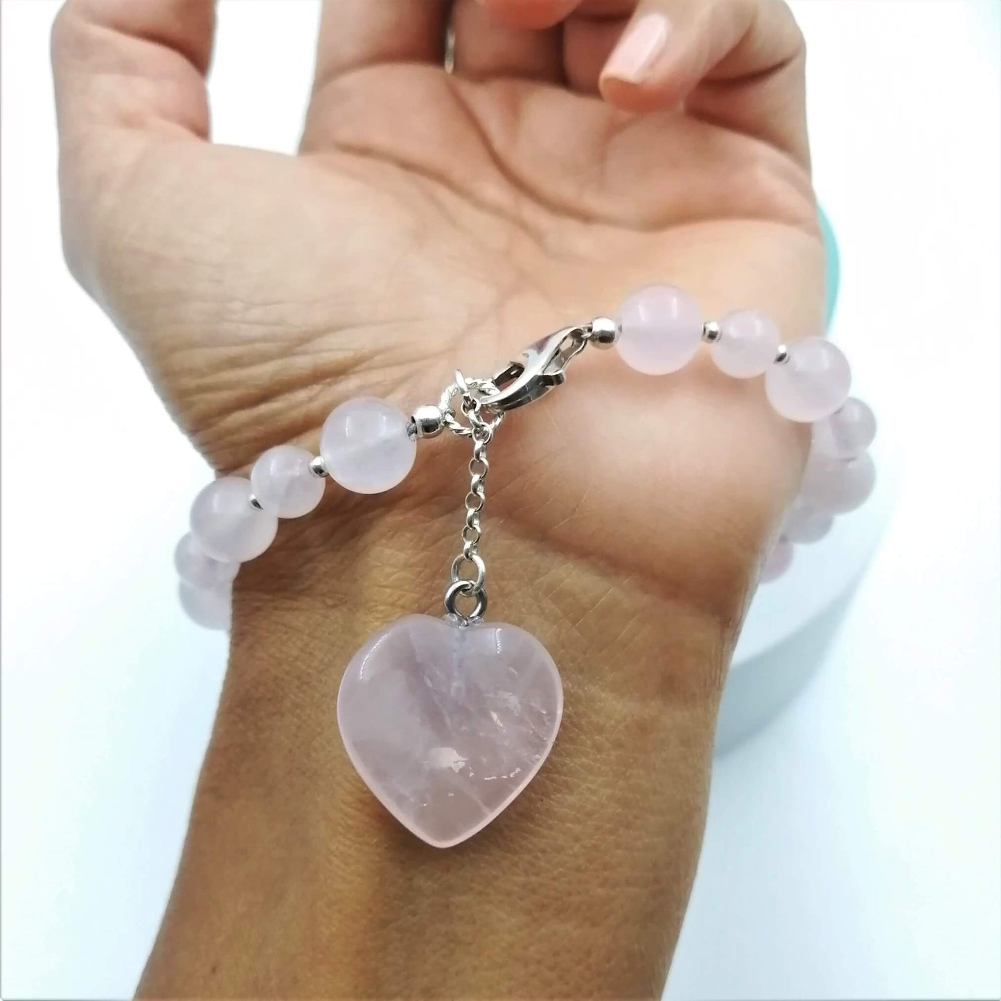 Pulsera bolas y corazón cuarzo rosa
