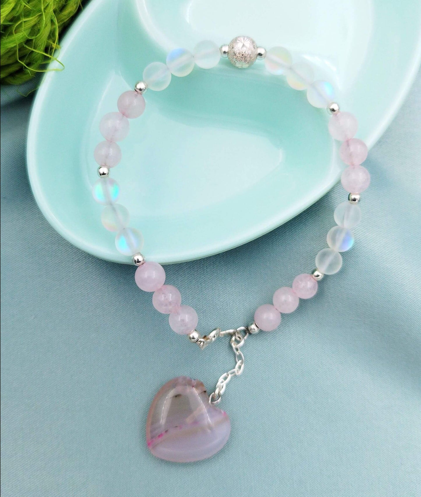 Pulsera Corazón Piedra Luna y cuarzo Rosa