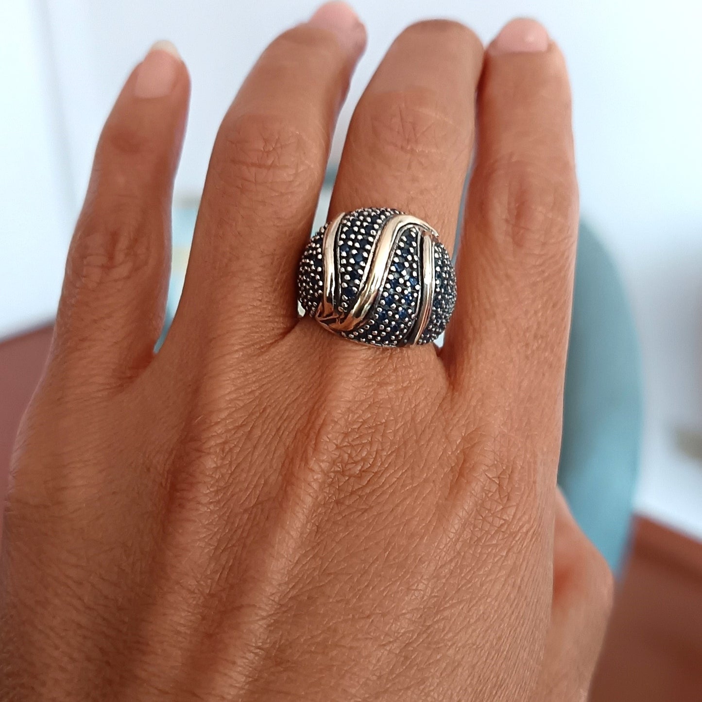 Anillo Plata y Oro Bombé Azul