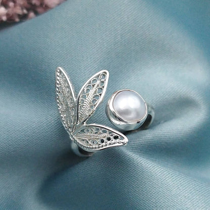 Anillo filigrana Hojas y Perla
