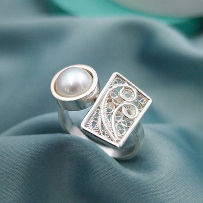 Anillo filigrana Perla y rectángulo