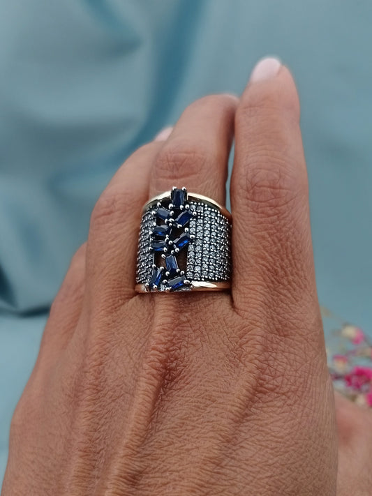 Anillo Plata y Oro Pavé Azul