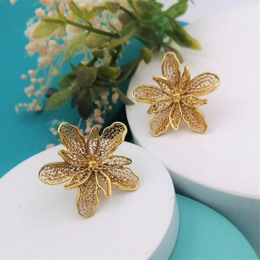 Aretes Flores filigrana Orquídeas dorado