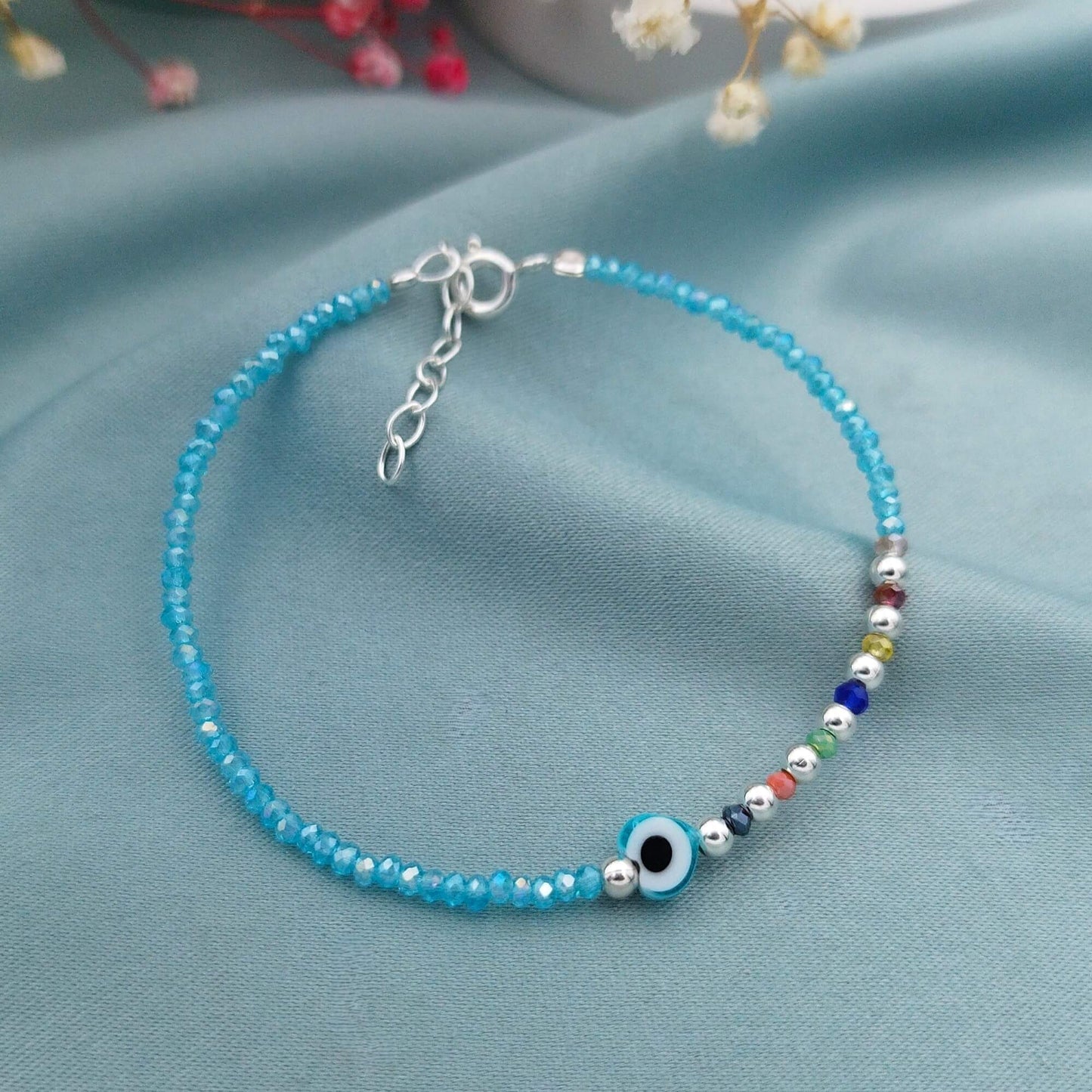 Pulsera chaquiras celeste ojo turco