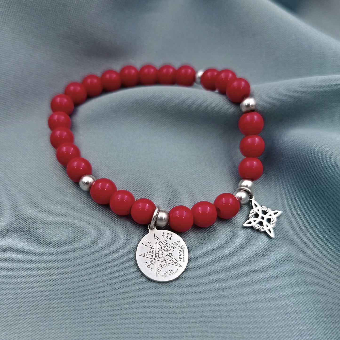 Pulsera Jade rojo Protección Tetragramatón y Nudo de bruja