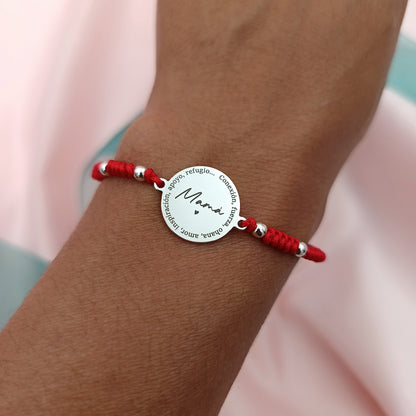 Pulsera macramé con bolitas y placa 15mm grabada