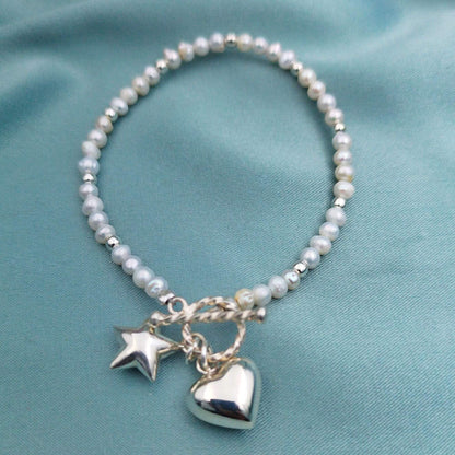Pulsera perlas con corazón y estrella inflados