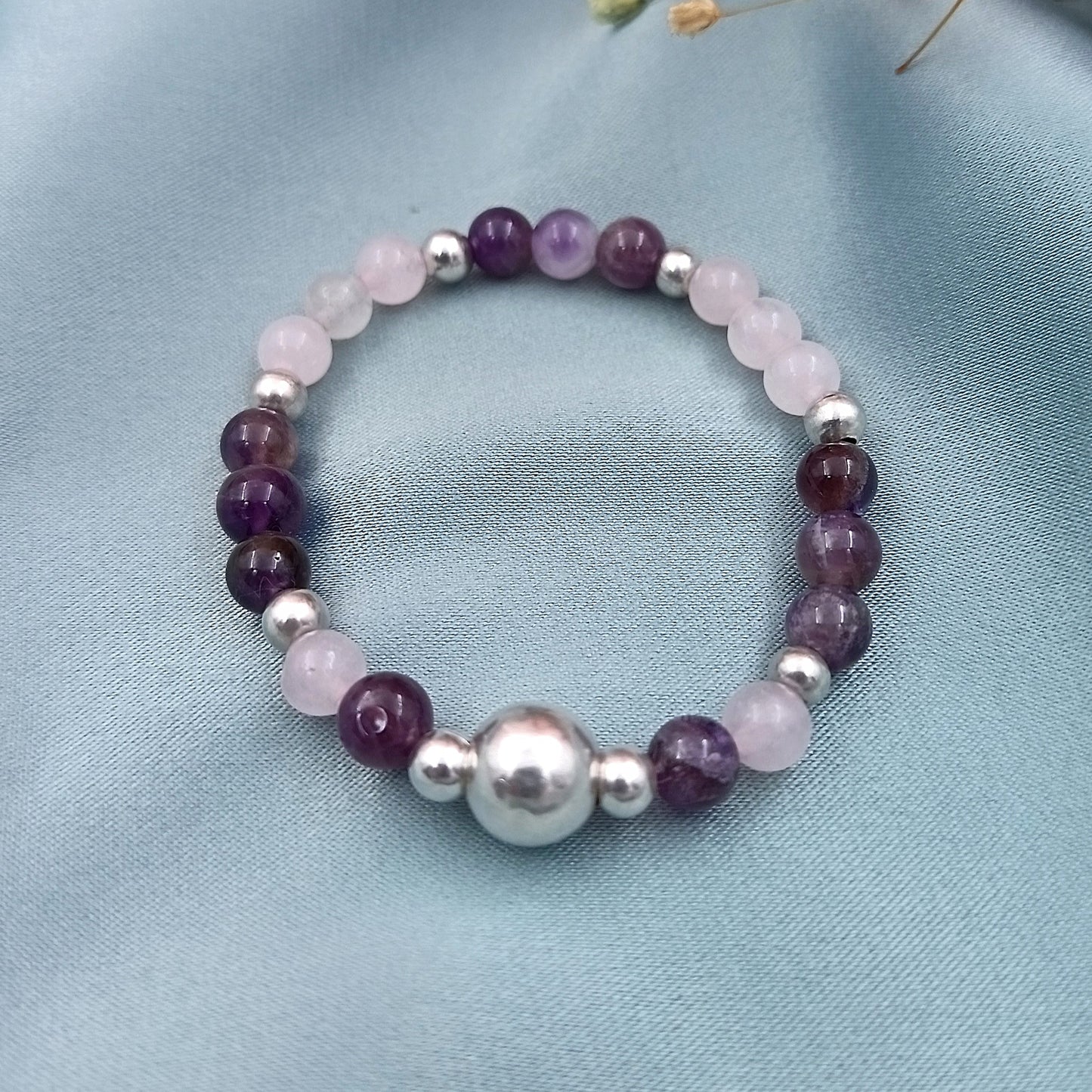 Pulsera piedras amatistas y cuarzo rosa