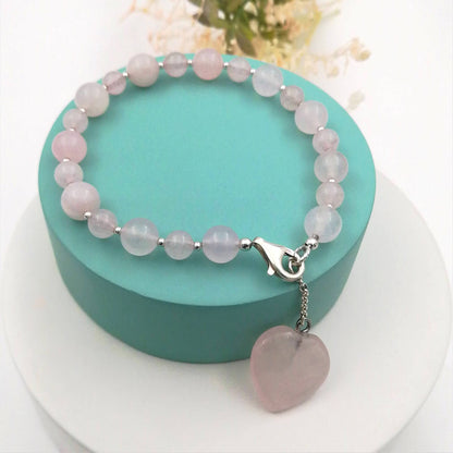 Pulsera bolas y corazón cuarzo rosa
