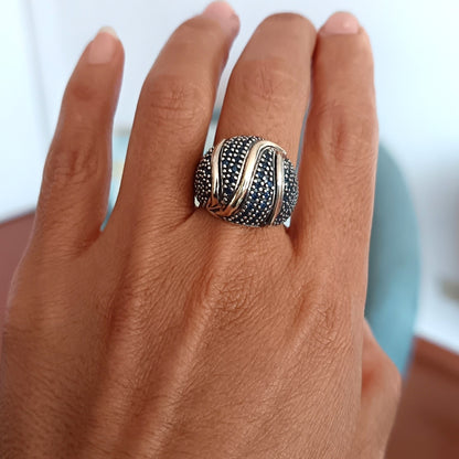 Anillo Plata y Oro Bombé Azul