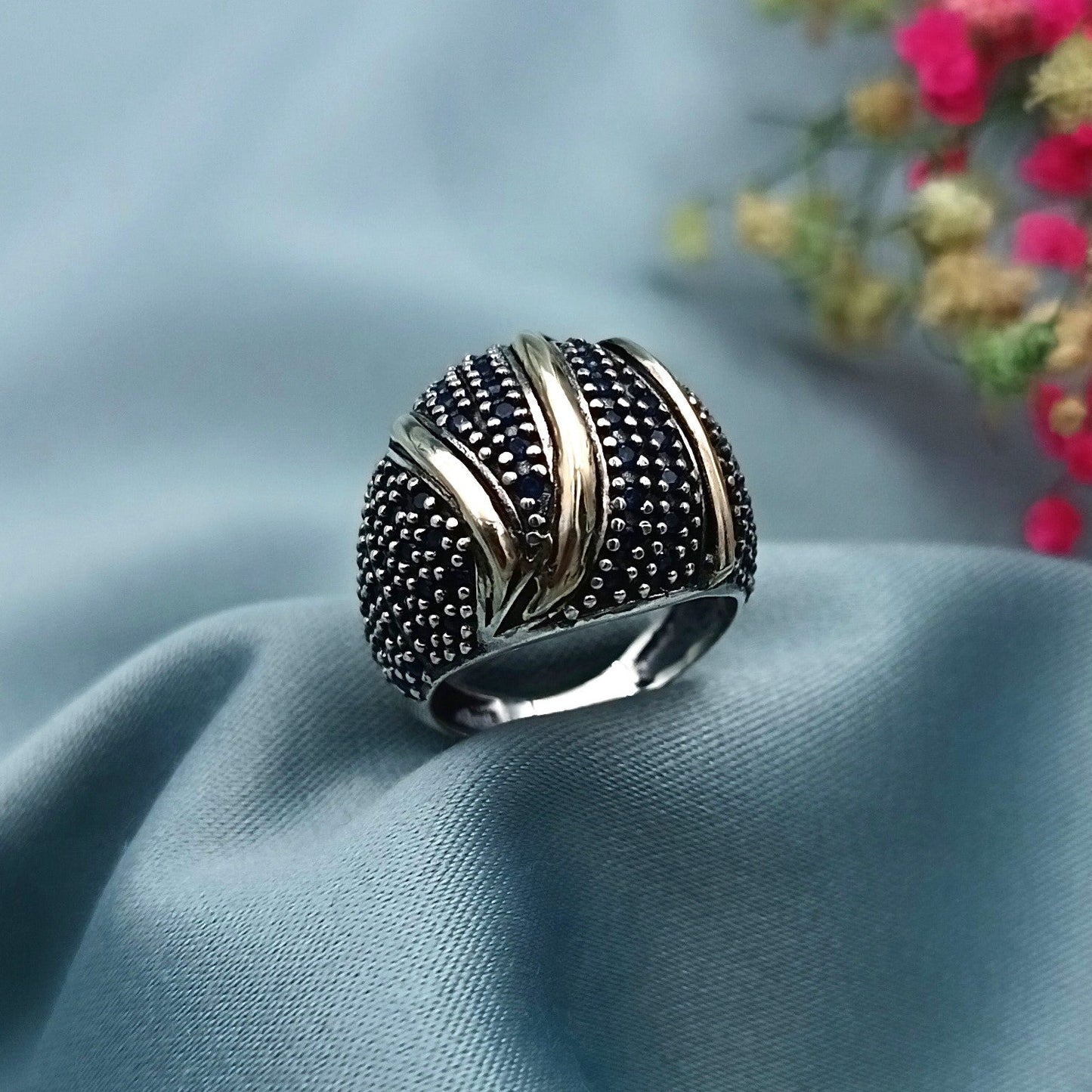 Anillo Plata y Oro Bombé Azul