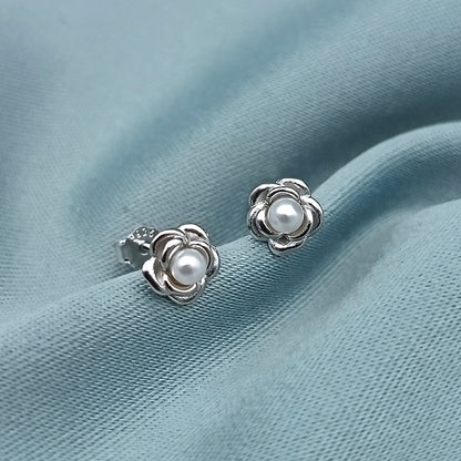 Aretes Flor Rosas con Perla