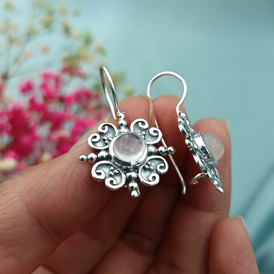 Aretes largos Boho con Cuarzo Rosa