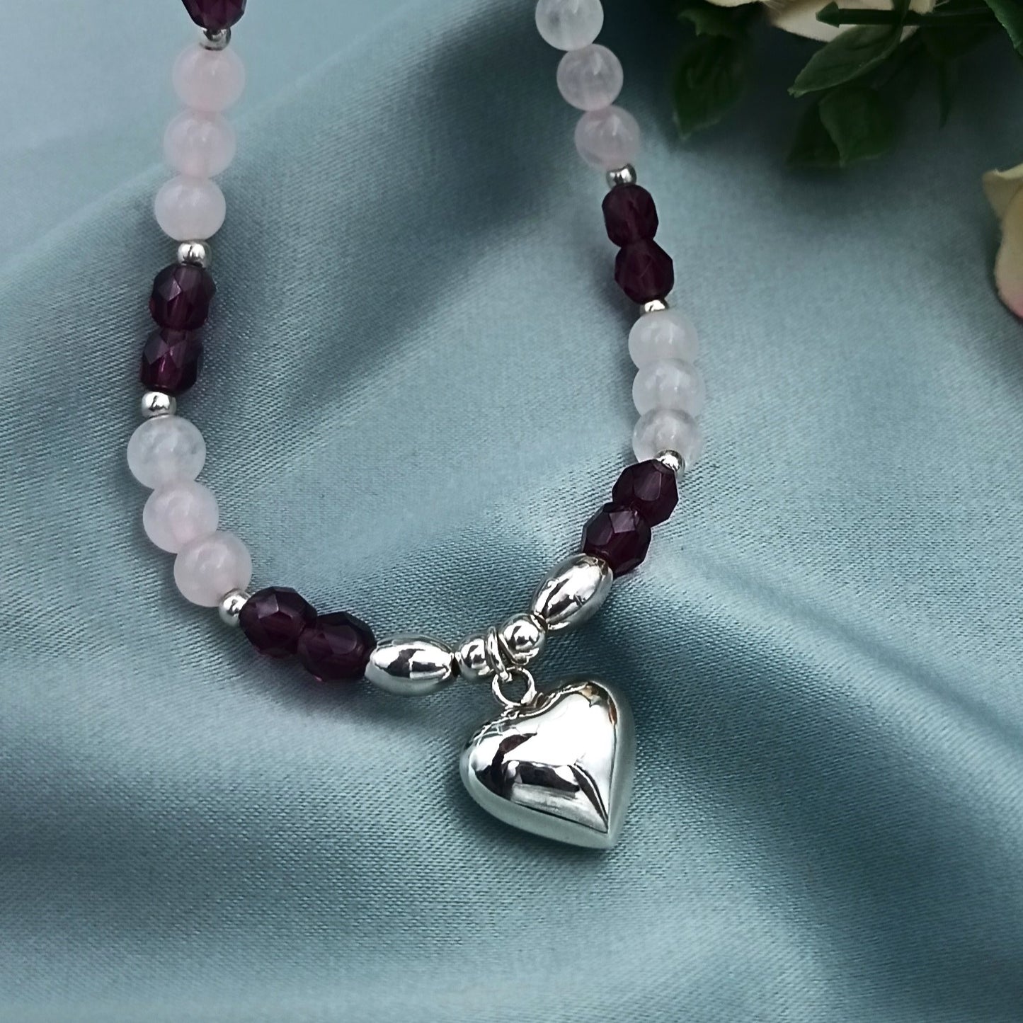 Collar Corazón Plata, Murano y Cuarzo Rosa