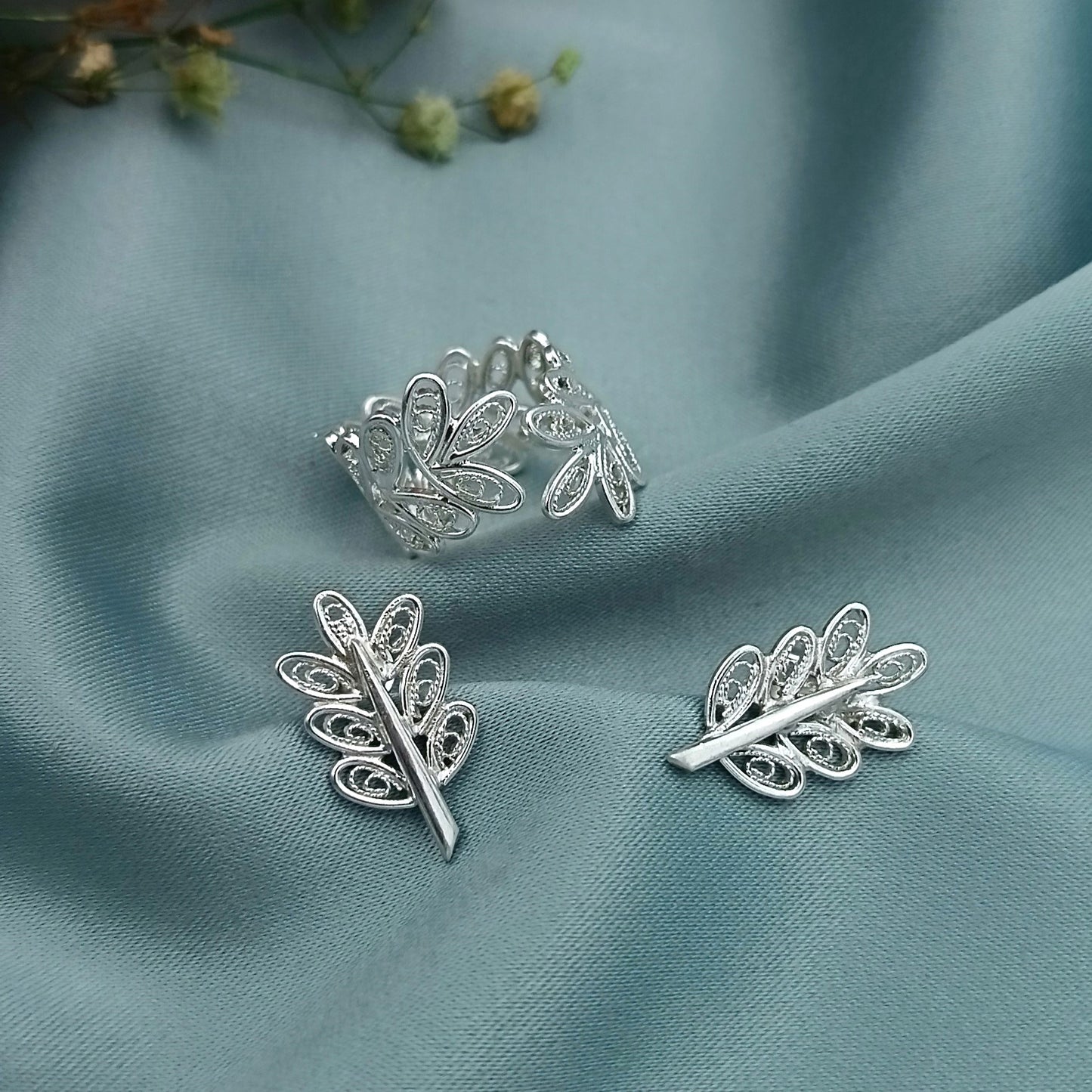 Conjunto Anillo y Aretes Hoja de Laurel