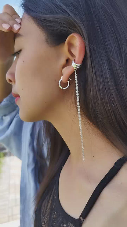 Arete Ear cuff Media caña doble con cadena