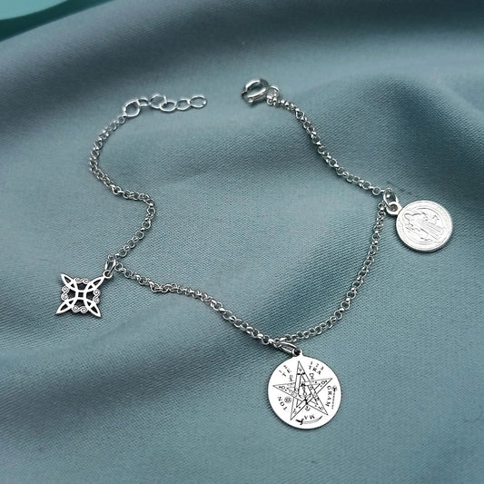 Pulsera Triple Protección Tetragamatrón, Nudo de Bruja y  San Benito